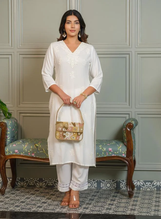 Dw  Women Embroidered Straight Kurta and Trousers Co-Ords for Women | Best Price UAE